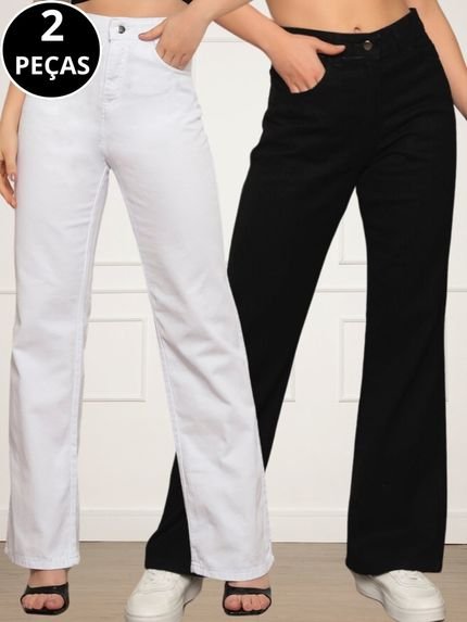Kit 02 Calças Jeans Wide Leg Pantalona Feminina Branca e Preta - Marca CKF Wear