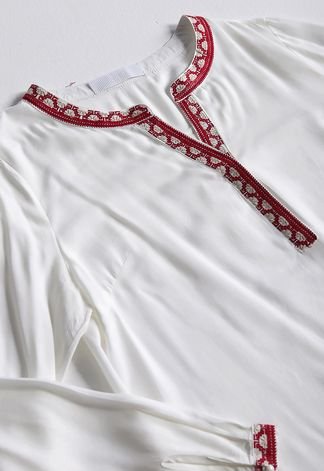 Blusa Branca em Viscose Mangas e Gola Bordadas Sob  Branco