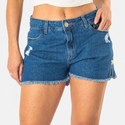 Short Jeans Feminino Curto Desfiado Com Bolso Cintura Alta - Marca Zafina