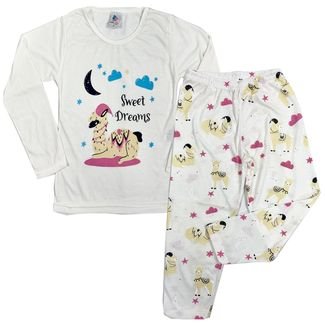 Pijama Branco Lhama Infantil Manga Longa e  Menina Feminina 2-4-6-8-10 Anos Brilha no escuro