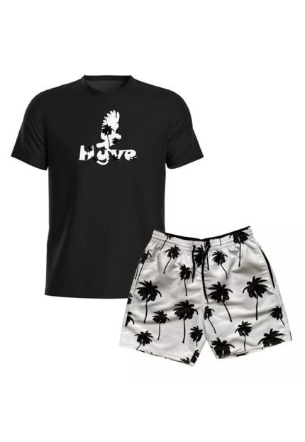 Kit Casual Masculino Camiseta Algodão Preta e Short Tactel Branco Com Bolsos - Marca Relaxado