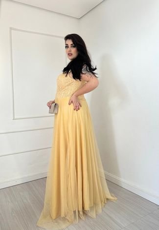 Vestido Longo de Festa Plus Size Curvy Micro tule com Brilho Renda Lyanne Amarelo
