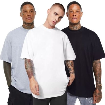 3 Camisetas Oversized Gola Alta Preta, Branca e Cinza Algodão Confortável - Marca Di Nuevo