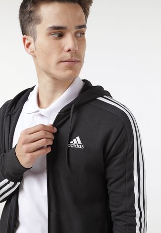 Blusa de Moletom Aberta adidas Sportswear Capuz Zíper Essentials 3-Stripes Preta