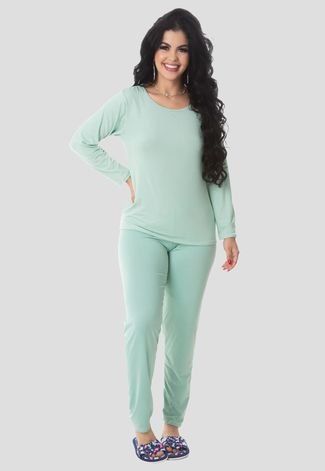 Kit 2 Pijama Longo Suede Inverno Feminino MdMix Verde Claro e Rosa