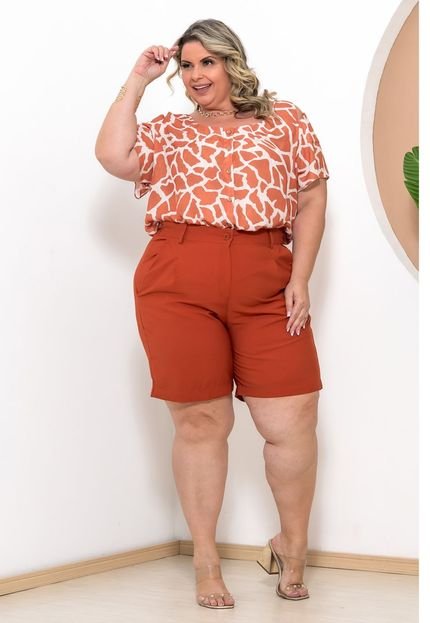 Conjunto Feminino Blusa Manga Curta E Bermuda Plus Size Elegante- Telha - Marca Docce Mulher