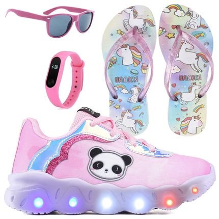 Kit Tênis Infantil de Led Feminino Panda Rosa Casual   Chinelo   Óculos   Relógio - Marca CALCADOS LGHT LIGHT