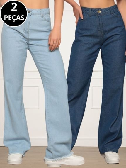 Kit 02 Calças Jeans Wide Leg Pantalona Feminina Azul Claro e Escuro - Marca CKF Wear