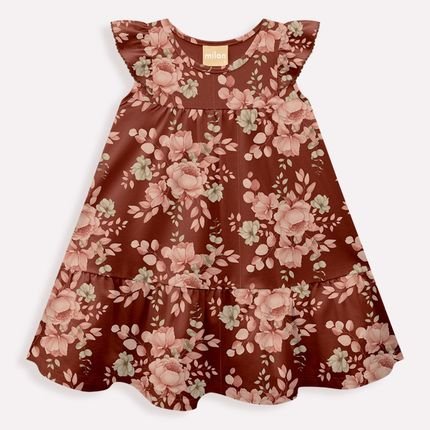 Vestido Bebê Menina Milon com Estampa de Flores em Cotton Marrom - Marca Milon