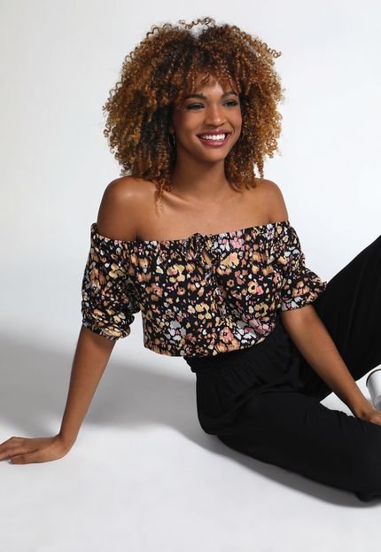 Blusa Forever 21 Ombro a Ombro Floral Preta - Marca Forever 21