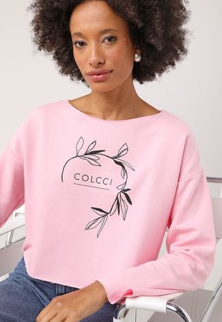 Blusa de Moletom Fechada Colcci Logo Folhagem Rosa