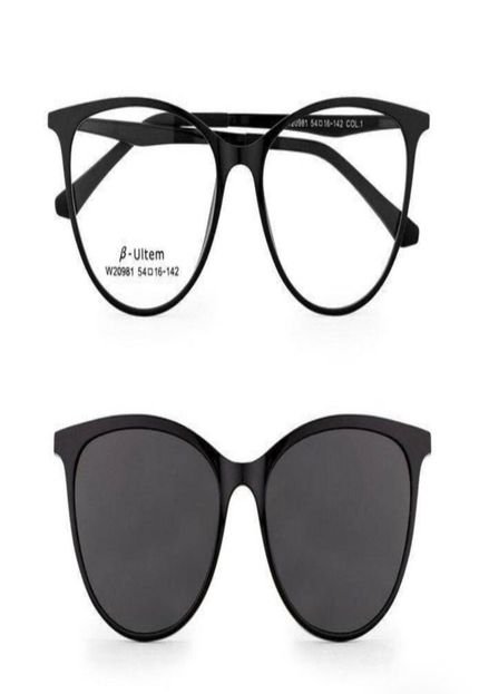 Armação Óculos Grau Clipon Sol Feminino Gatinho 2 Em 1 Rita  Preto - Marca Palas Eyewear