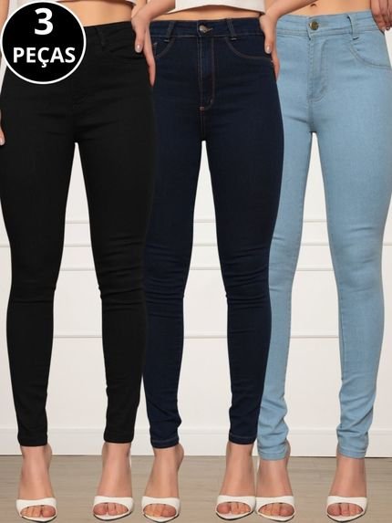 Kit 03 Calças Jeans Skinny Feminina Preto, Azul Escuro e Médio - Marca CKF Wear