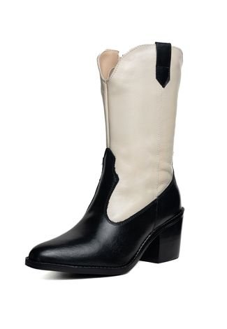 Bota Texana Western Bico Fino Country Couro Preto com Off White Kuento Shoes