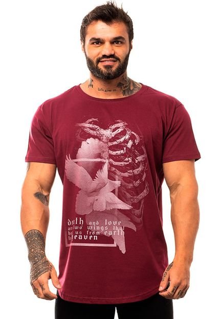 Camiseta Longline Masculina MXD Conceito para Academia e Casual Bones and Flowers Bordô Meia Malha - Marca Alto Conceito