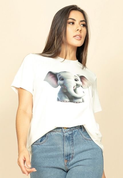 T- shirt Básica Bata Manga Curta Off White Elefante Fofo - Marca Amazonia Vital