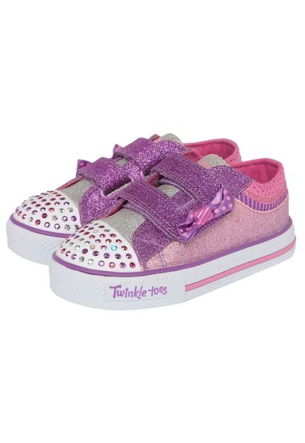 Tênis Skechers Infantil Twinkle Toes Glitter Bow Rosa/Roxo/Prata - Marca Skechers
