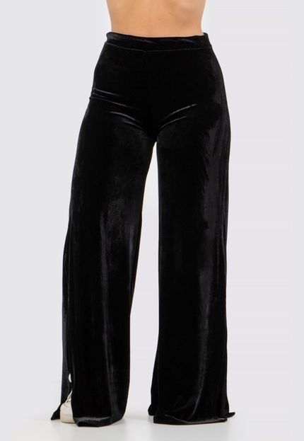 Calça Veludo 4 Estações Cintura Alta Pantalona Com Fenda Preto - Marca 4 Estações