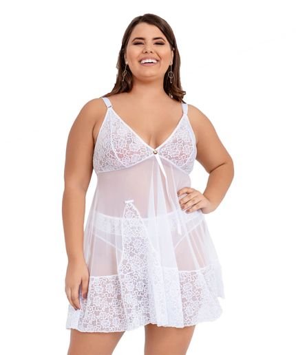 Camisola IMI Lingerie Sem Bojo Em Tule E Renda Com Calcinha Plus Size Aurora Branco - Marca IMI LINGERIE