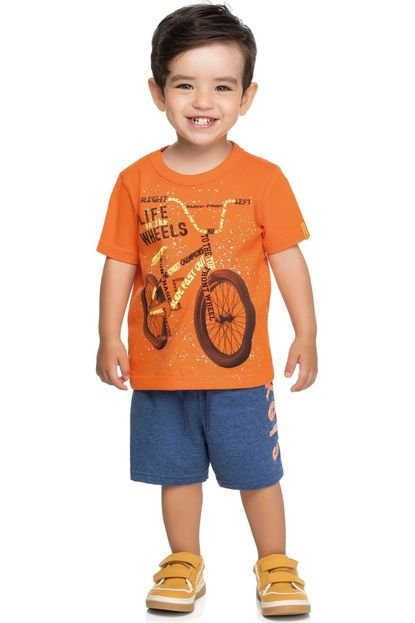 Conjunto Infantil Menino Estampado Bicicleta Palavras Elian Laranja - Marca Elian