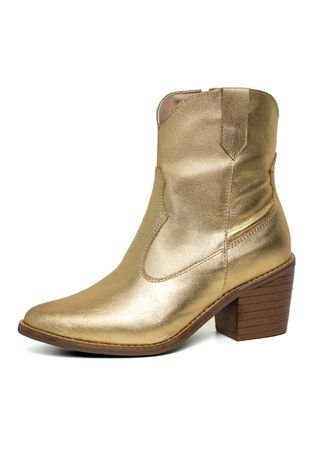 Bota Texana Western Bico Fino Cano Curto Country Couro Metalizado Ouro Kuento Shoes