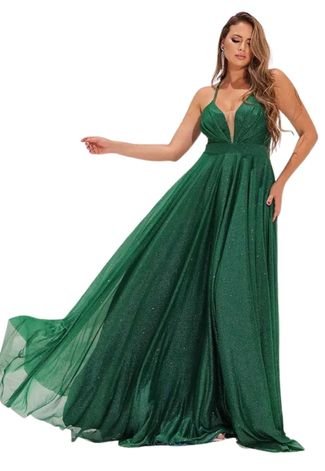 Vestido Longo de Festa Premium para Madrinhas Eduarda Micro Tule Verde Esmeralda