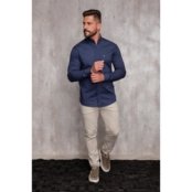 Camisa Masculina Acetinada Gola Padre Manga Longa Elastano Azul Claro G Azul Marinho - Marca TEODORO CAMISARIA