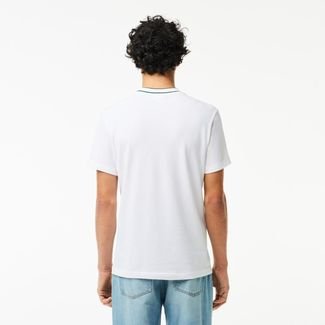Camiseta com Gola Listrada em Piqué e Tecido Elástico Branco