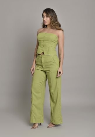 Conjunto Blusa e Calça de Linho Verde Feminino Lemier Collection