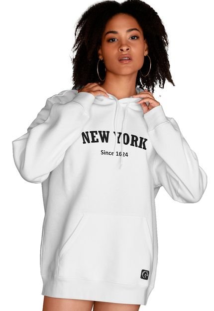 Blusa De Frio Feminina Moletom Flanelado Com Capuz e Bolso Canguru New York Branco - Marca BUENO STORE