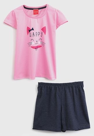 Pijama Tricae Curto Infantil Gatinho Rosa/Azul-Marinho