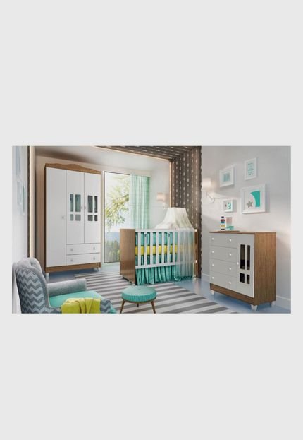 Dormitório Guarda Roupa Ariel 3 Portas Fraldário Berço Gabi Amadeirado Carolina Baby Marrom/Branco - Marca Carolina Baby