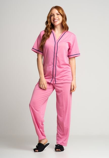 Pijama Blogueira Manga Curta Aberto Botões Calça Americano Amamentação Rosa - Marca Bella Fiore Modas