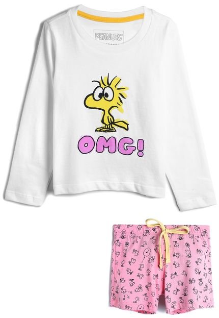 Pijama Snoopy Tricae Curto Menina Woodstock Branco/Rosa - Marca Tricae