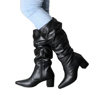 Botas Femininas Cano Enrugado Lirom Cano Alto Salto Bico Fino Preta Preto