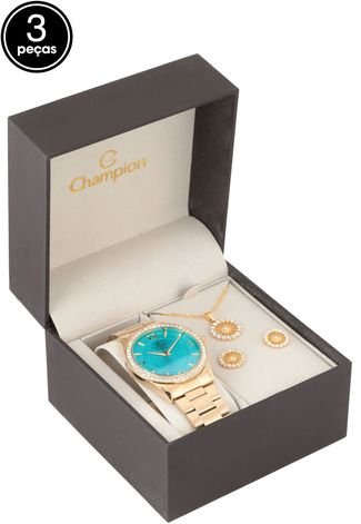 Kit 3pçs Relógio Champion CN29365D Dourado/Azul