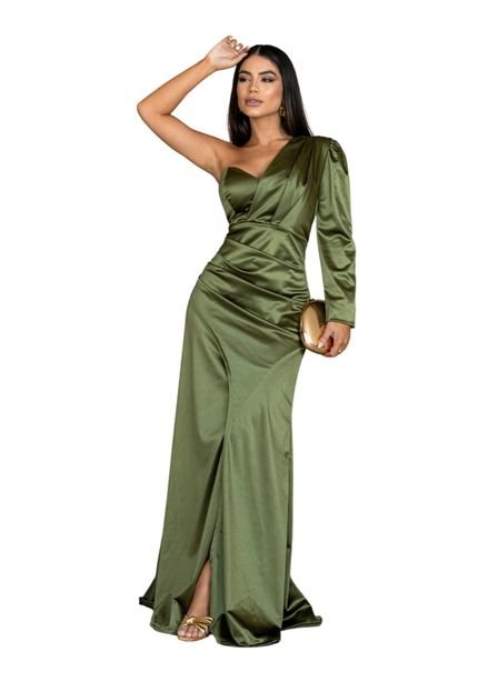 Vestido Longo de Festa Madrinhas uma Manga com Fenda Quitteria Verde Oliva - Marca Cia do Vestido