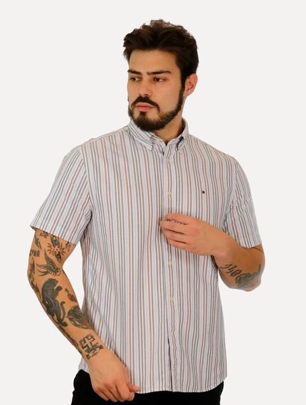 Camisa Tommy Hilfiger Masculina Manga Curta Regular Oxford Multi Stripes Cinza - Marca Tommy Hilfiger