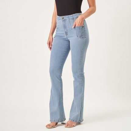 Calça Jeans Flare Super Stretch Pences e Bolsinho Delavê - Marca Bloom