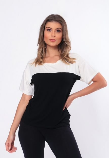 Blusa Viscose Feminina Manga Curta Com Recorte Bicolor 15001 Preto - Marca ALMAC