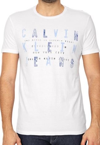 Camiseta Calvin Klein Jeans Lettering Branca/Azul