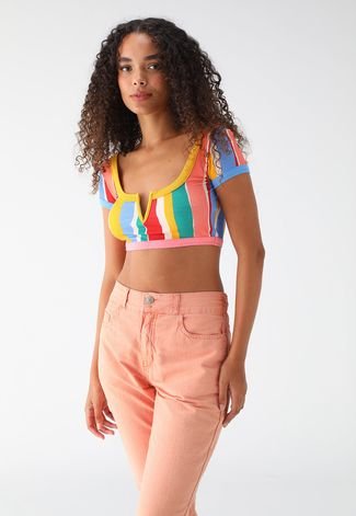 Blusa Cropped Canelada Lez a Lez Listrada Amarelo