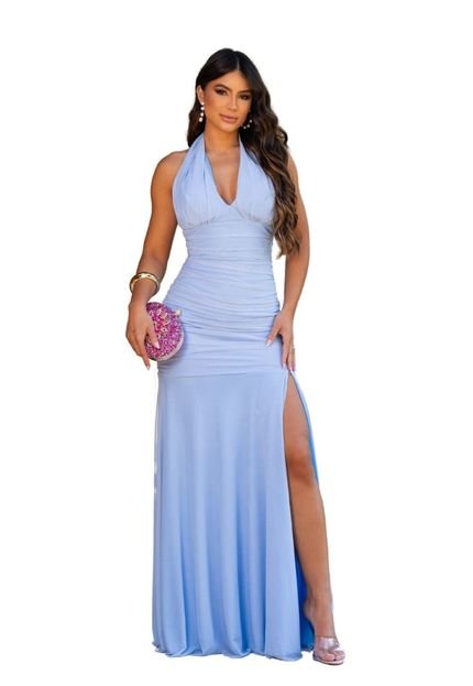 Vestido Longo de Festa Micro Tule Madrinhas Frente Única Tubinho Sereia Miay Azul Serenity - Marca Cia do Vestido