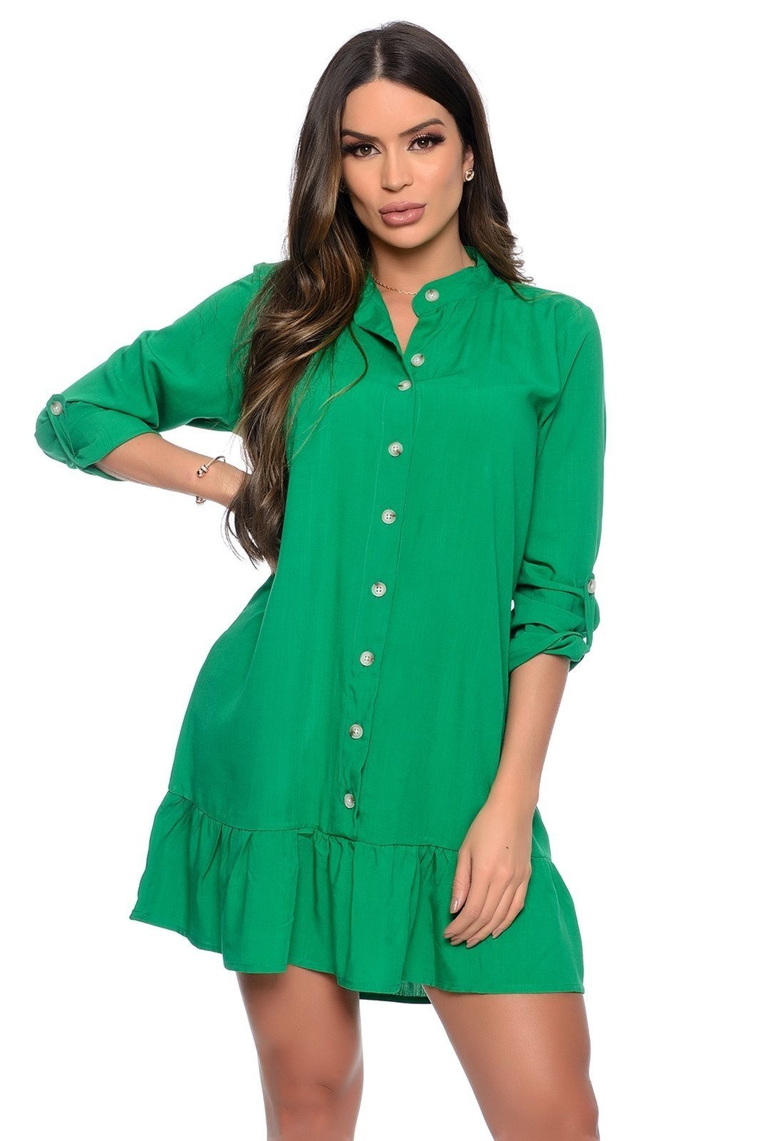 Vestido Chemise Botões Manga Longa B’Bonnie Rebeca Verde Bandeira - Marca BBonnie