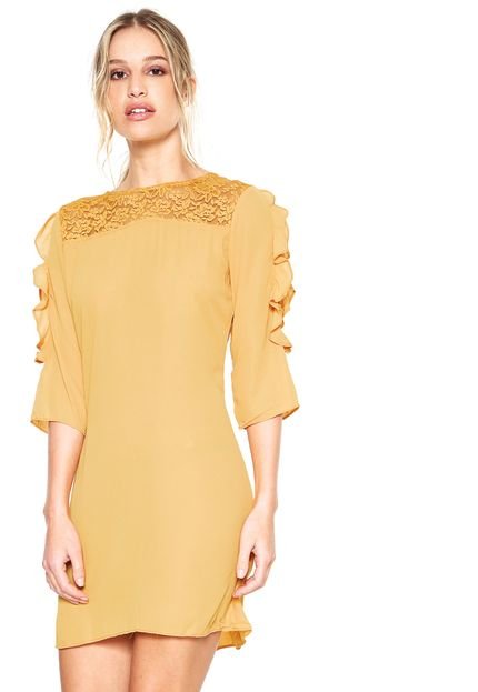 Vestido D.DRESS Curto Detalhes Renda Amarelo - Marca D.DRESS
