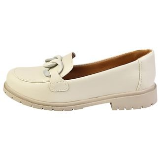 Sapato Feminino Mocassim Tratorado Donatella Shoes Bico Redondo Confort Off White Loafer Argola