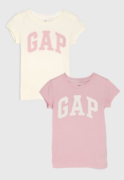 Kit 2pçs Camiseta GAP Infantil Logo Rosa/Off-White - Marca GAP