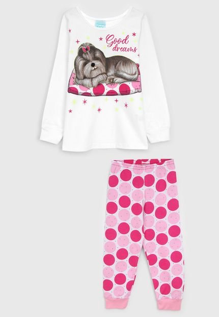 Pijama Kyly Longo Infantil Full Print Branco/Rosa - Marca Kyly