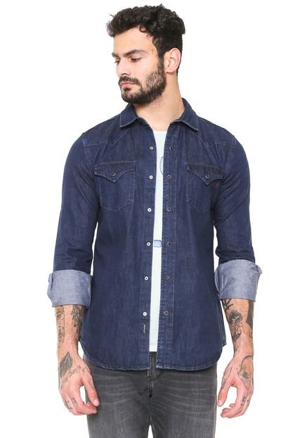 Camisa Jeans Replay Slim Fit Básica Azul - Marca Replay