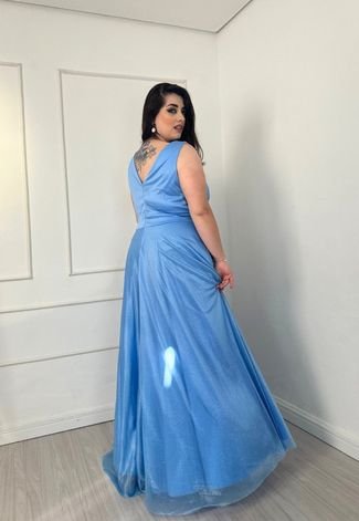 Vestido Longo de Festa Plus Size Curvy Micro tule Regata Jacira Azul Serenity